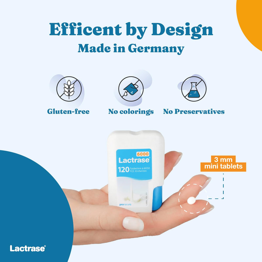 Lactrase label shows vegetarian, gluten-free, and preservative-free ingredients.