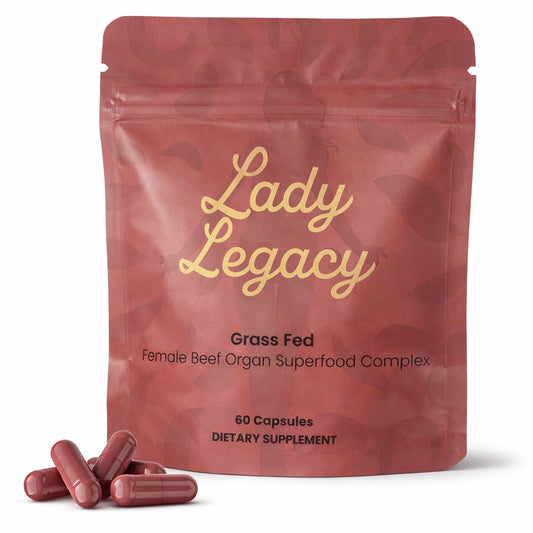 Lady Legacy beef organ supplement bottle of capsules for daily hormonal balance