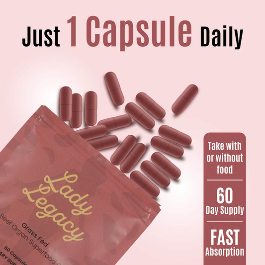 Lady Legacy uterus-ovary-liver-kidney-heart capsules close-up highlighting organ blend