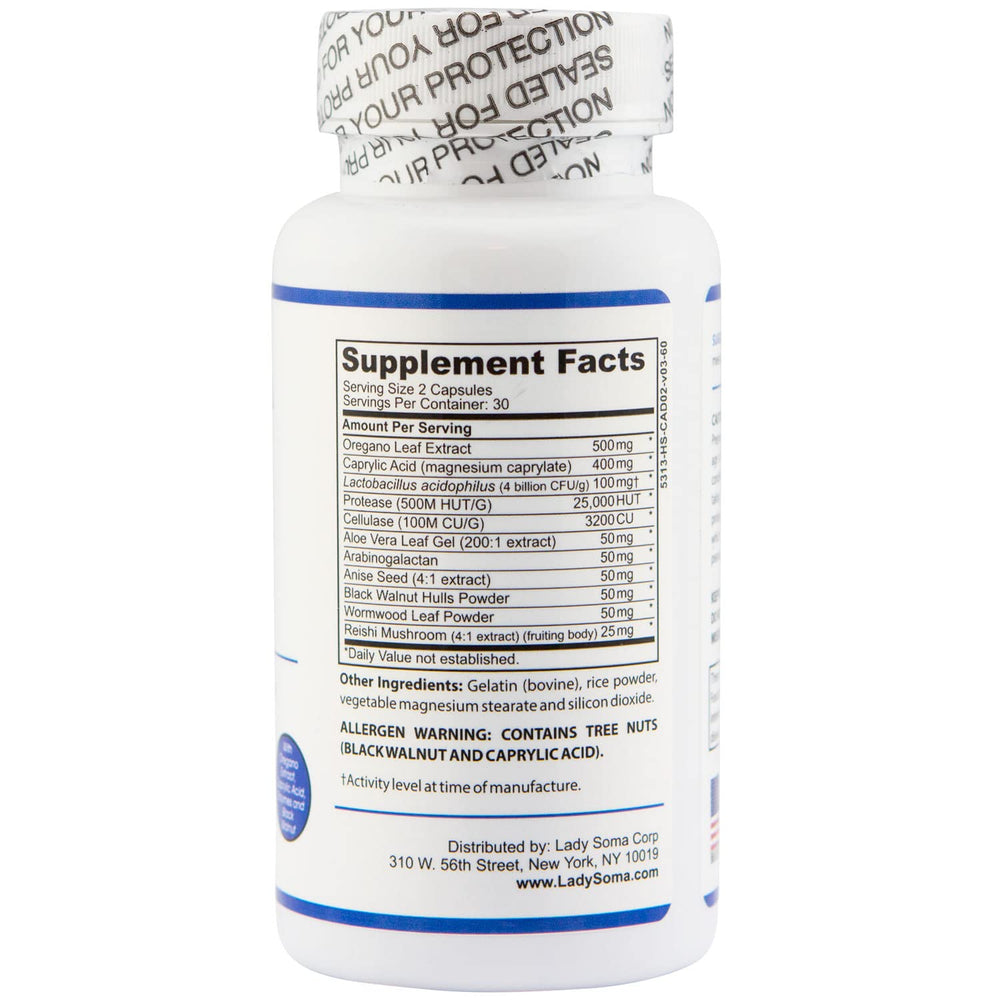 Lady Soma Candida Complex label closeup highlighting ingredients and dosage
