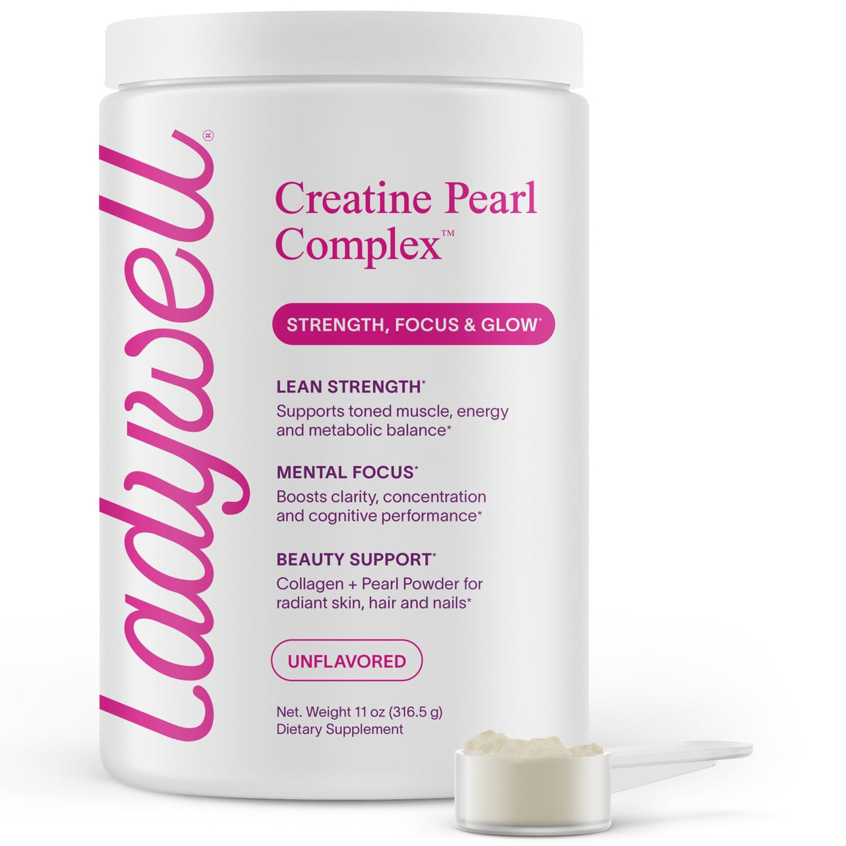 Ladywell Creatine Pearl Complex bottle closeup, highlighting energy support and skin health benefits.