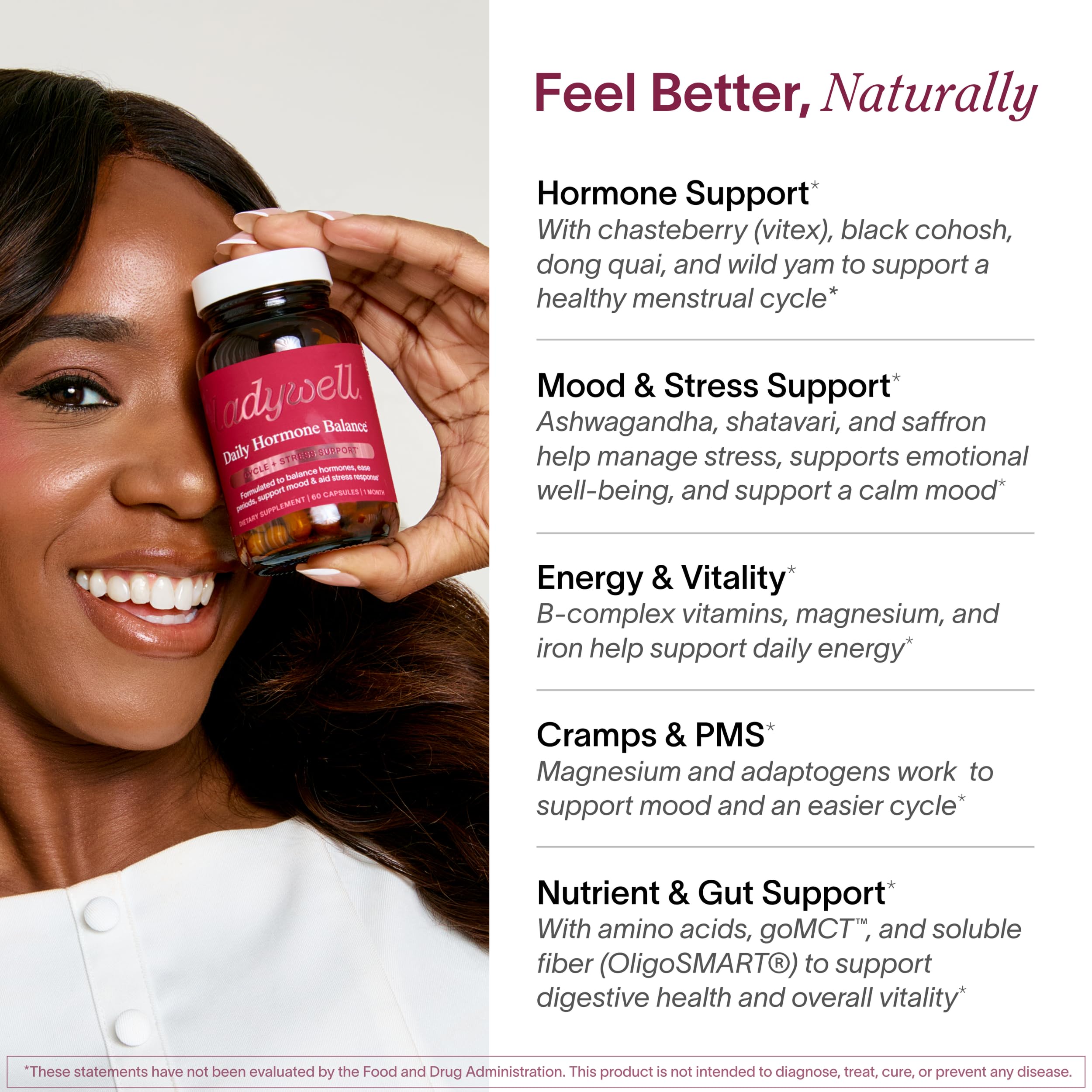 Ingredient list highlights chasteberry and ashwagandha for balance.