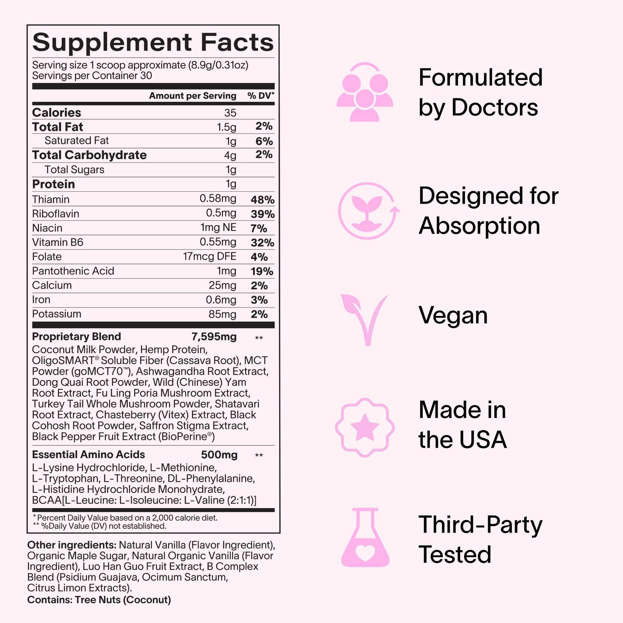 Label highlights non-GMO and third-party tested quality.