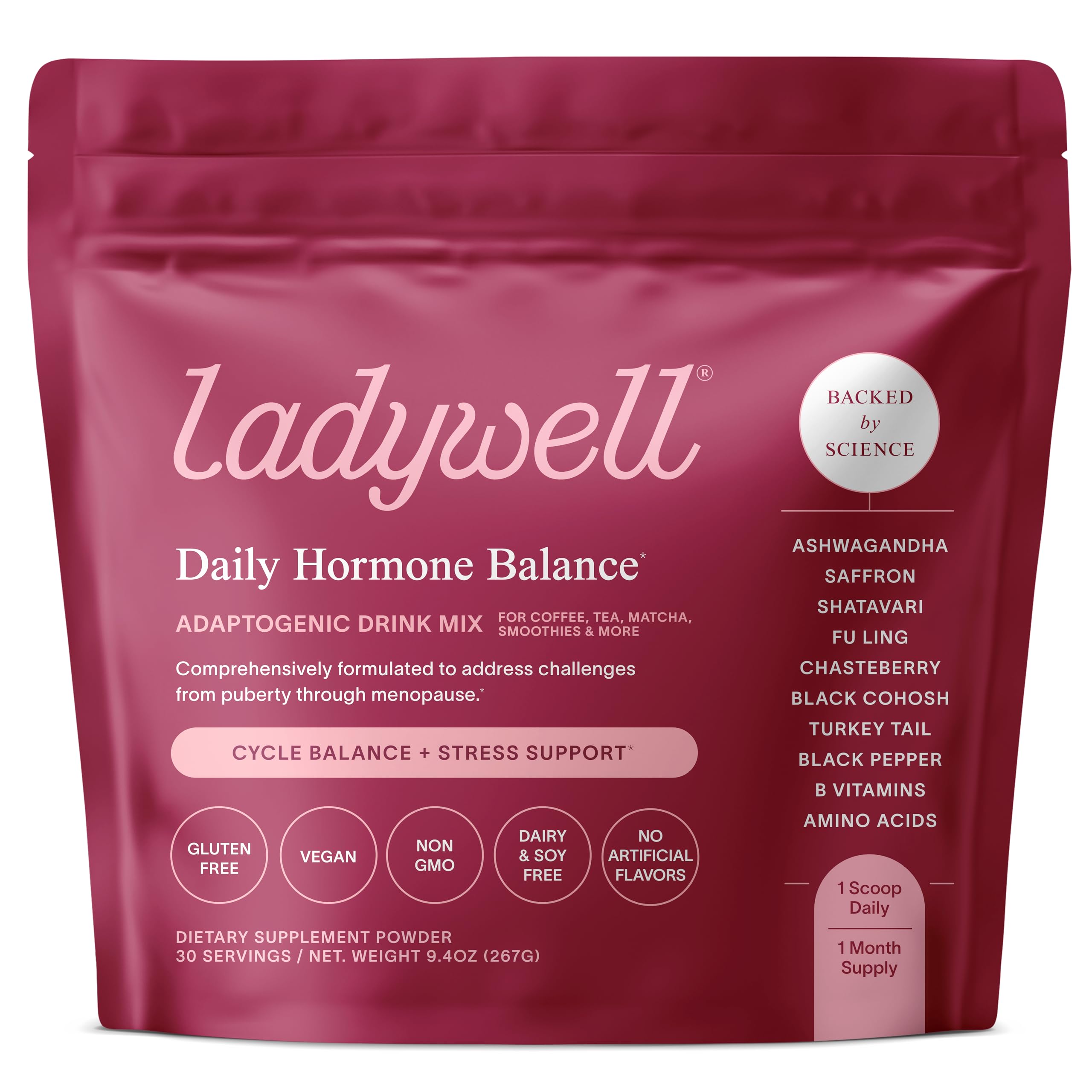 Ladywell Daily Hormone Balance powder in tub front view supports daily mood balance.