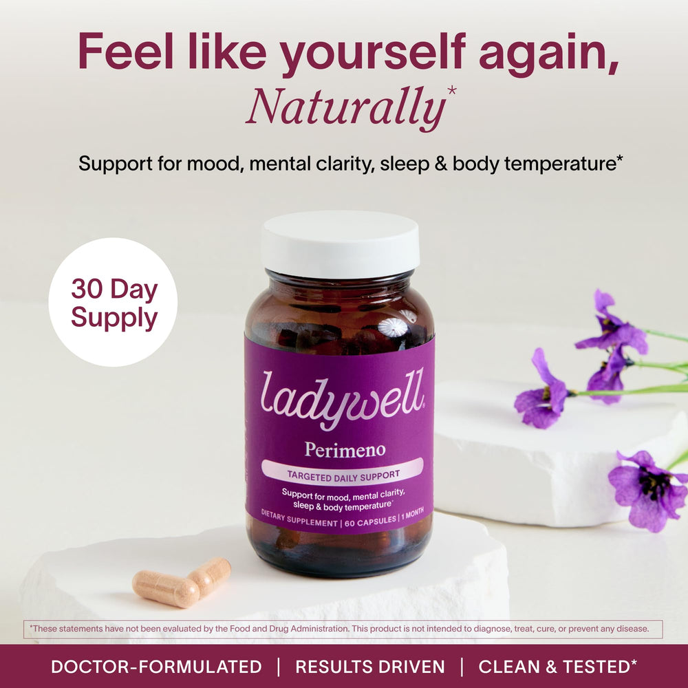 Ladywell Perimeno capsules close-up highlighting the 2-capsule daily dose.