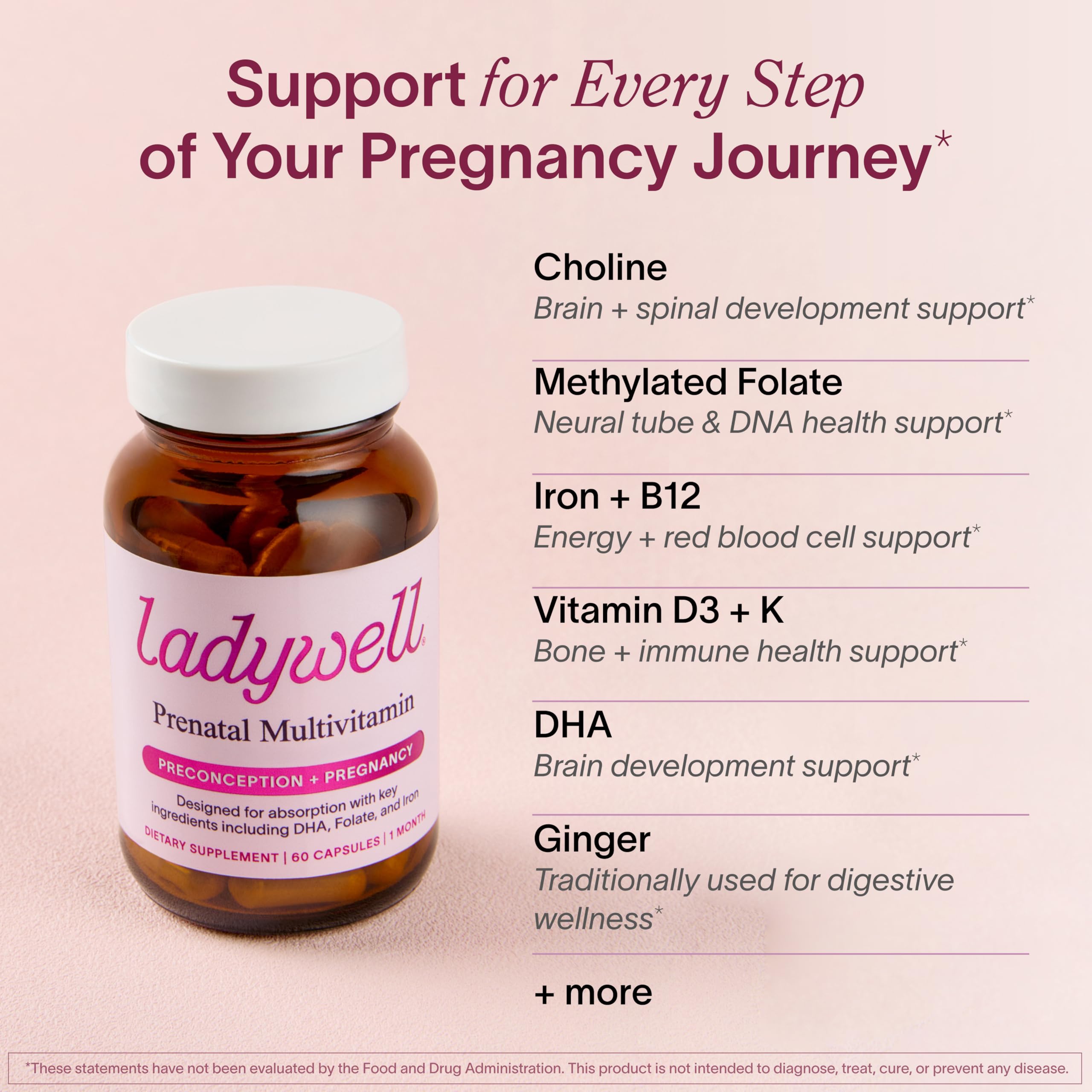 Ladywell Prenatal Multivitamin folate ingredient noted for neural considerations