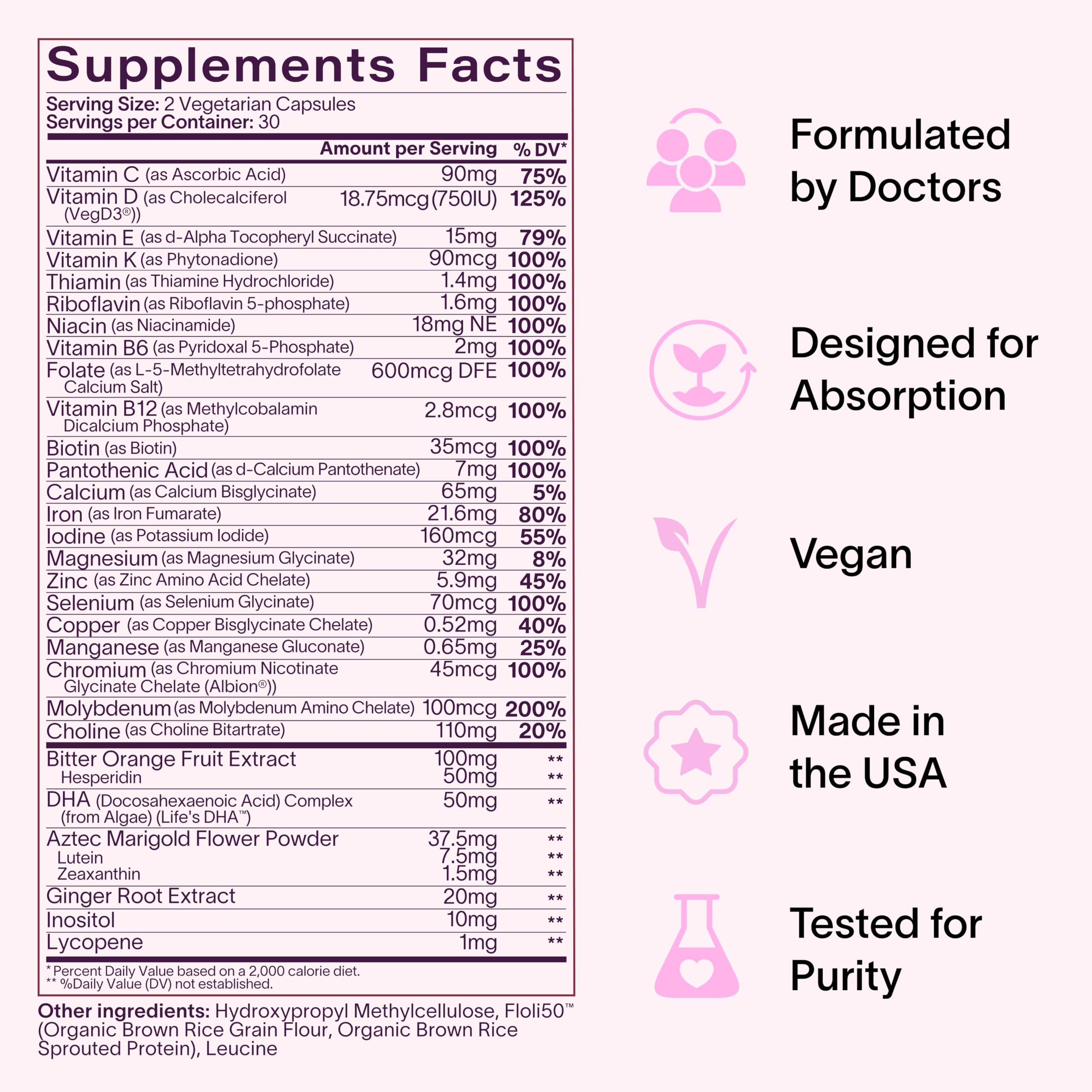 Ladywell Prenatal Multivitamin made in USA in certified facility