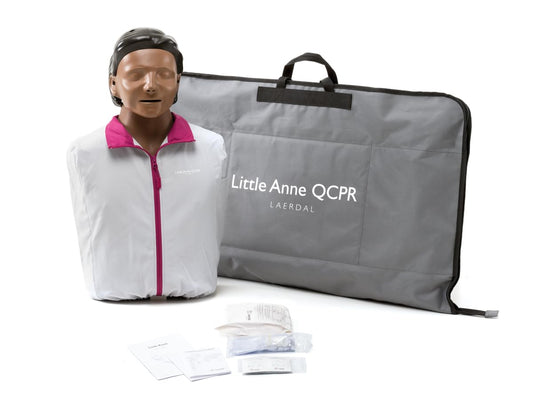 Laerdal Little Anne QCPR Dark back view highlighting robust construction for classroom use.
