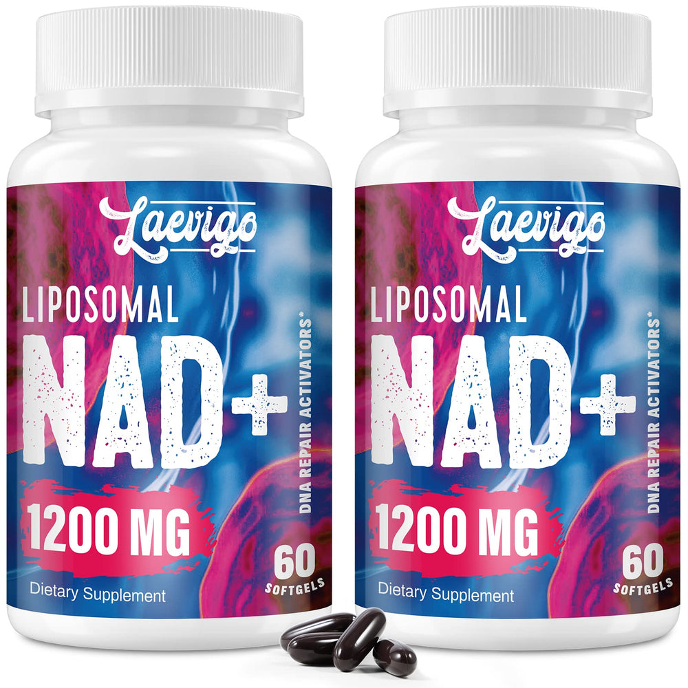 Laevigo Liposomal NAD+ 1200mg bottle highlighting high absorption for daily energy