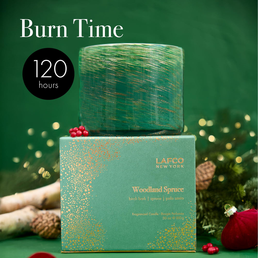 Gift-ready Woodland Spruce candle from LAFCO New York offers a refined holiday present.