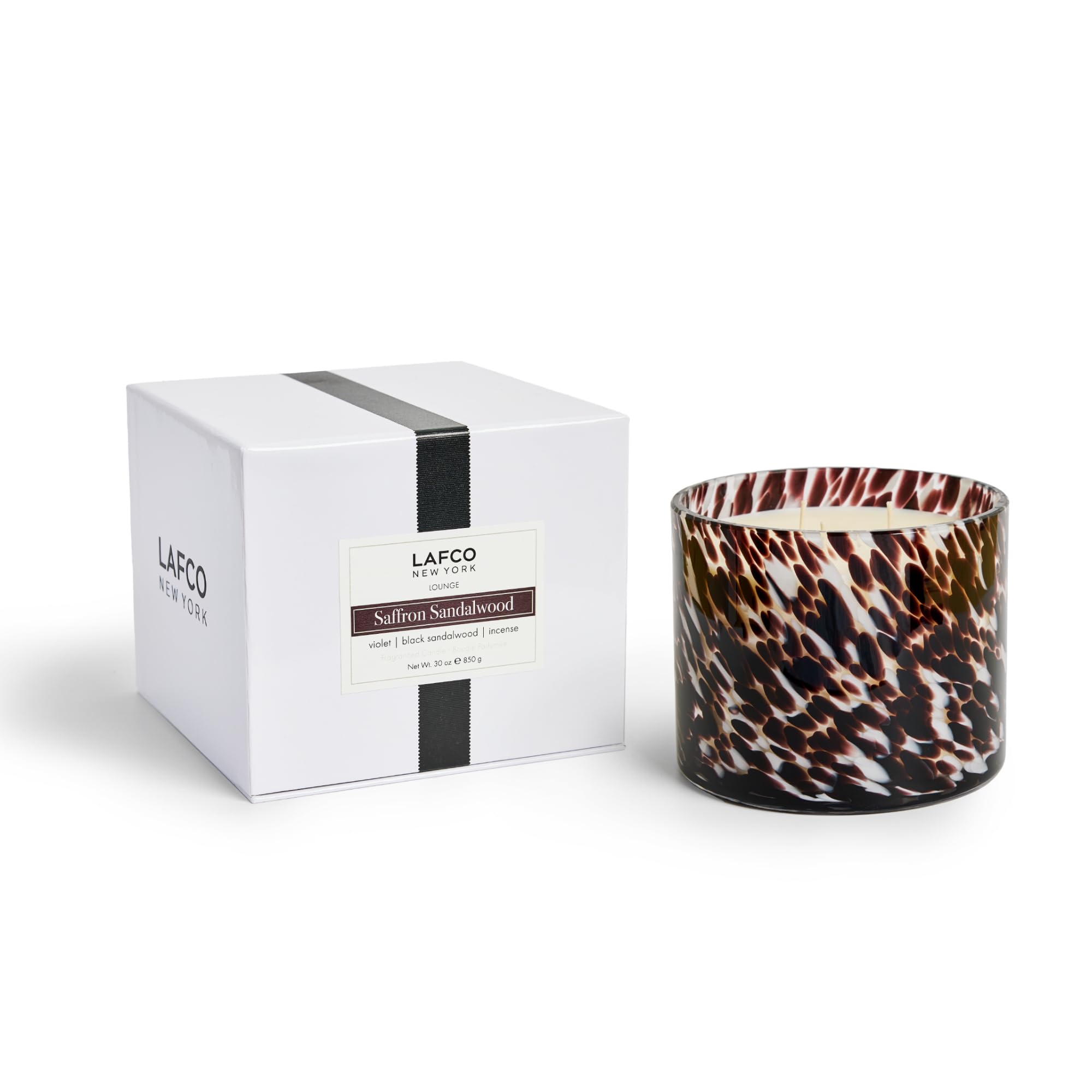 LAFCO New York saffron sandalwood candle in a 30 oz hand-blown glass vessel for extended ambience.