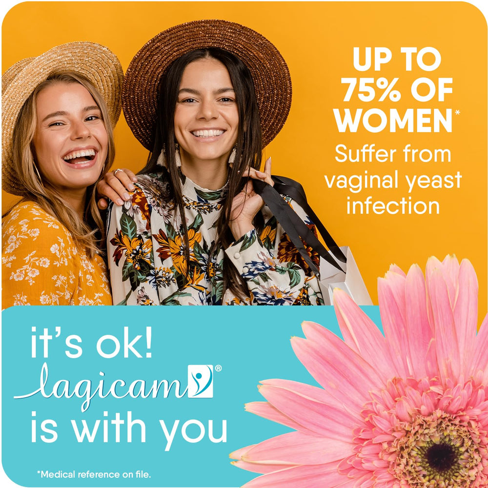Lagicam box highlights included tube and three applicators for complete treatment.