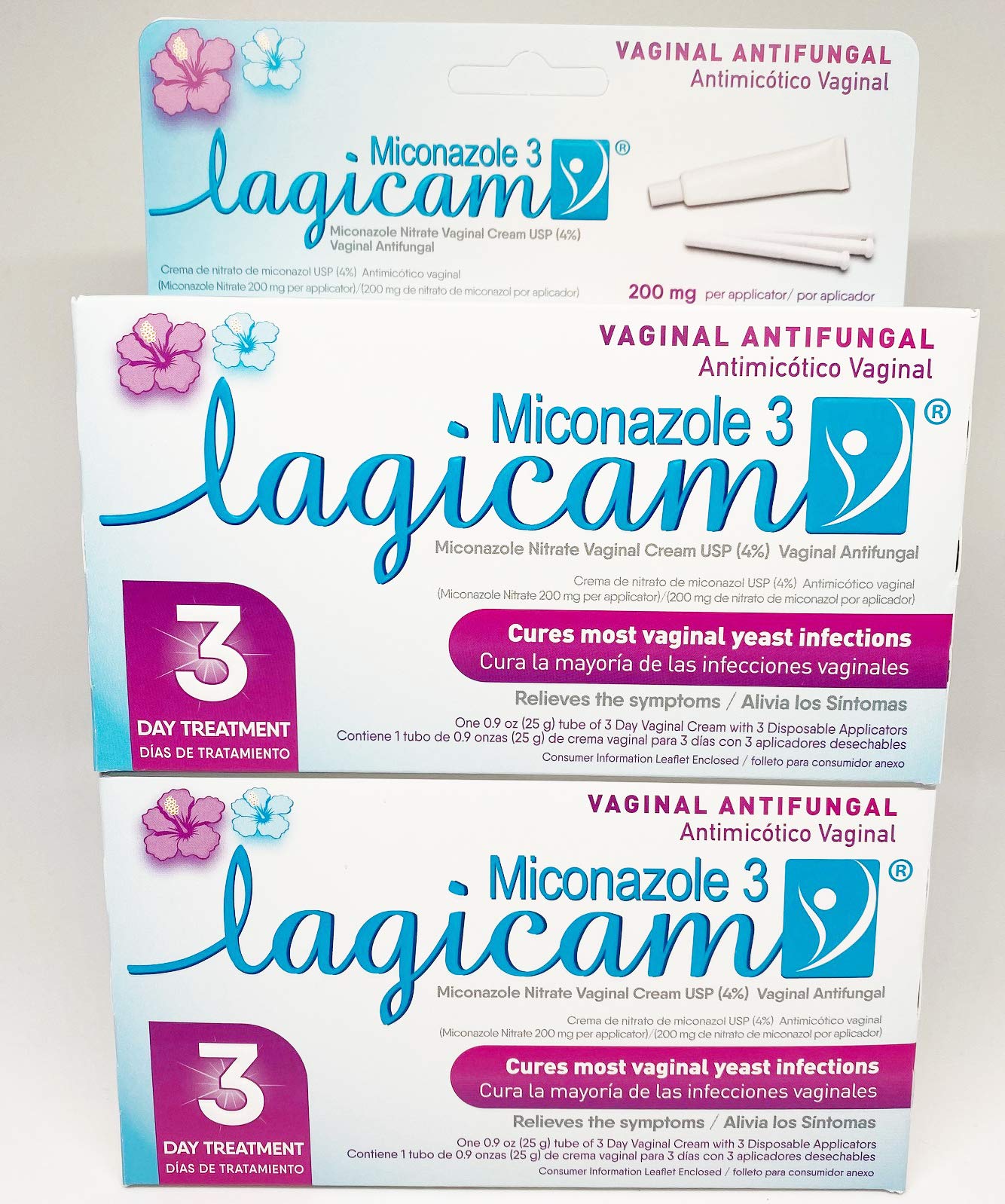 Lagicam V antifungal cream pack two tubes side view highlights convenient application.
