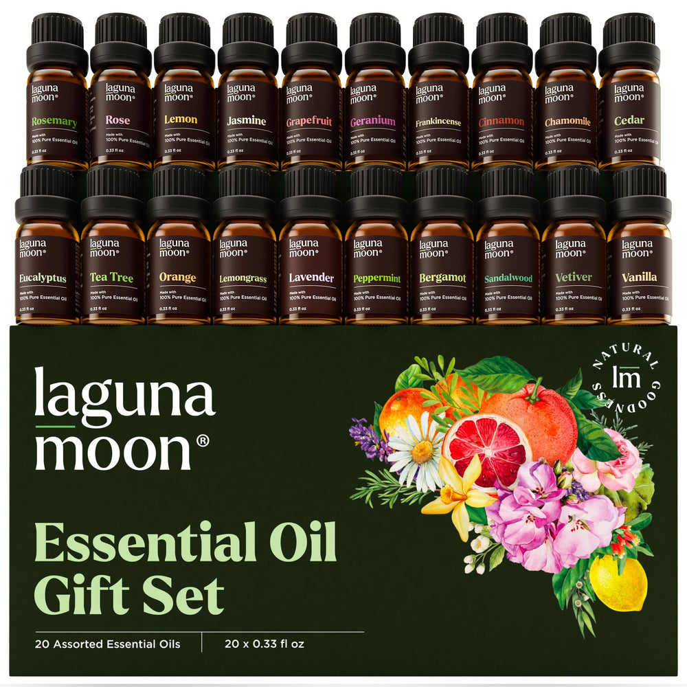 Lagunamoon essential oils set 20 bottles beside diffuser