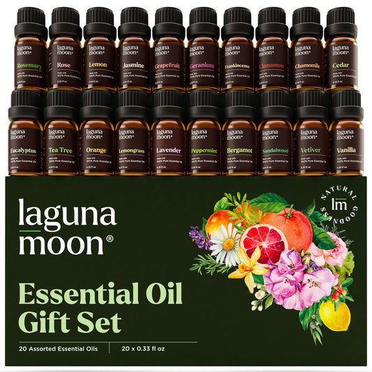 Lagunamoon essential oils set 20 bottles beside diffuser