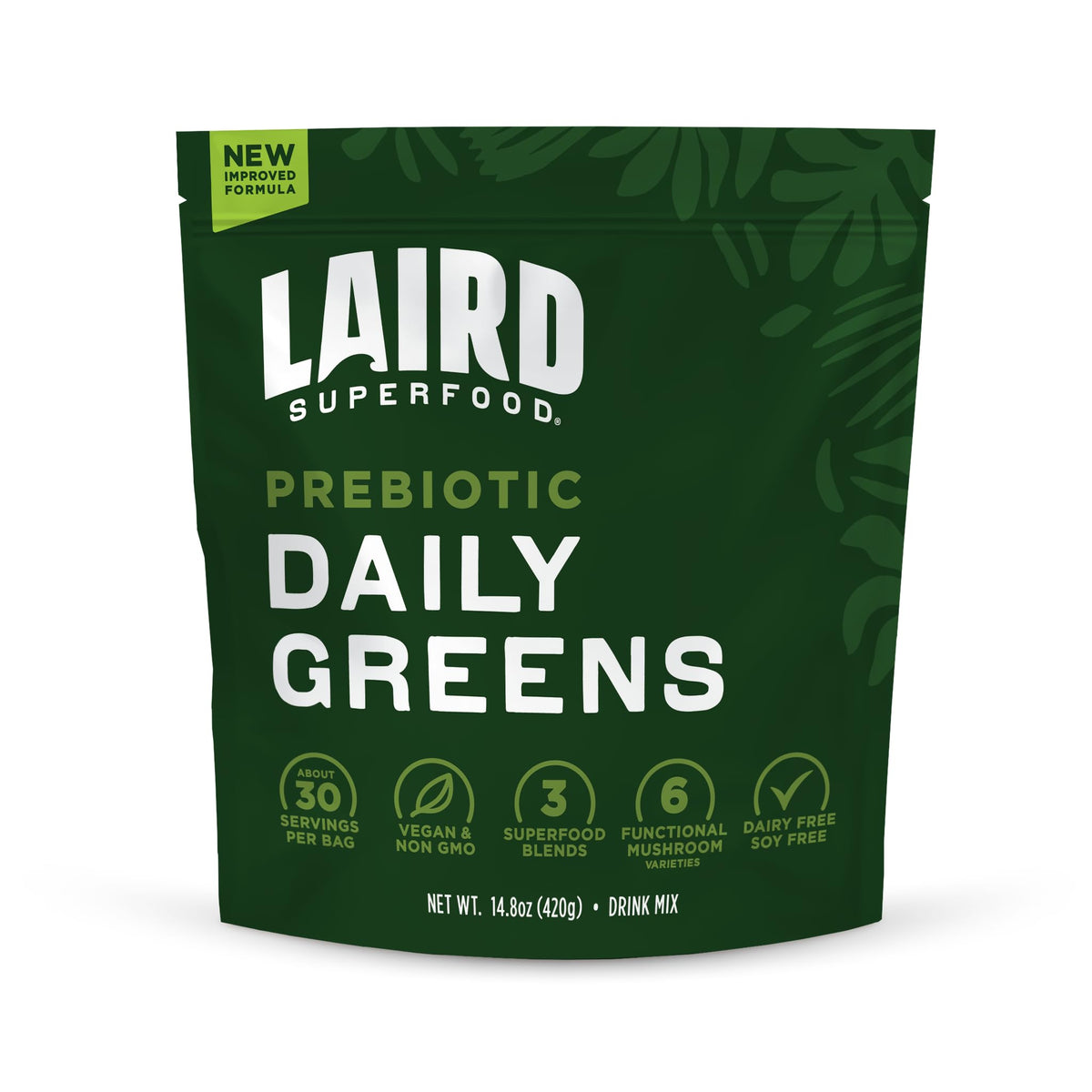 Laird Superfood Prebiotic Daily Greens powder bag close-up for daily nutrient boost