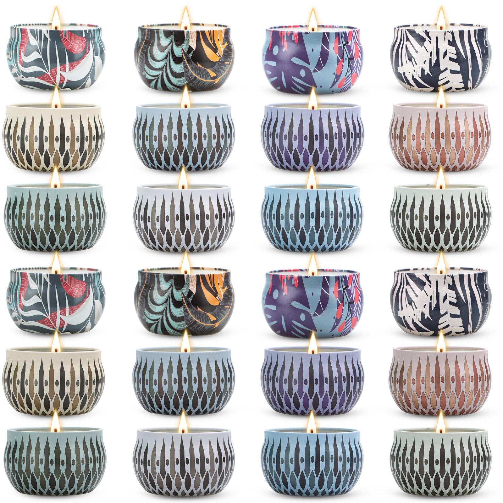LAJDL scented candles 24-pack with assorted scent tins for inviting home ambience.