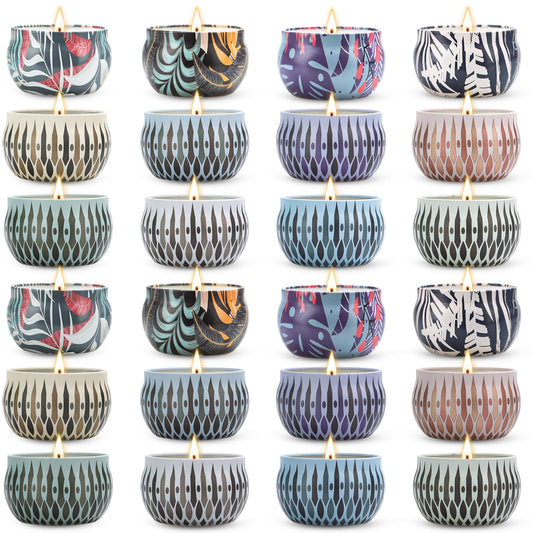 LAJDL scented candles 24-pack with assorted scent tins for inviting home ambience.