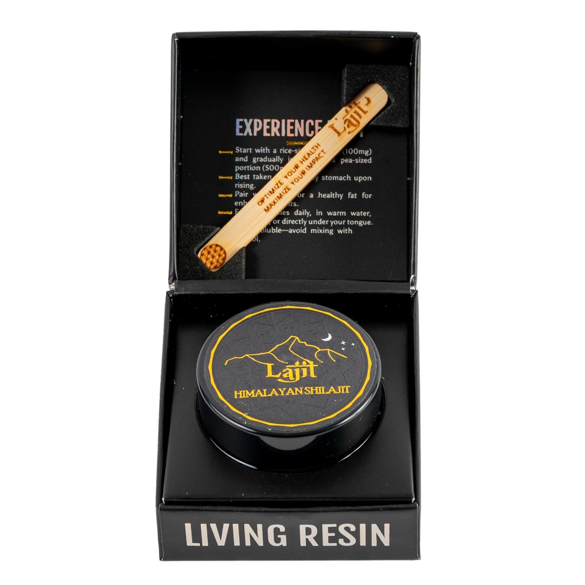 Lajit Gold Grade Shilajit resin in bottle highlighting premium source and quality for daily use