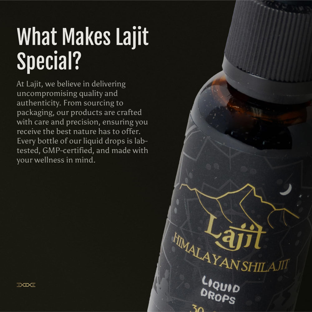 Lajit Shilajit liquid drops closeup reveals rich texture and color.