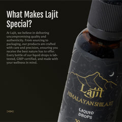 Lajit Shilajit liquid drops closeup reveals rich texture and color.