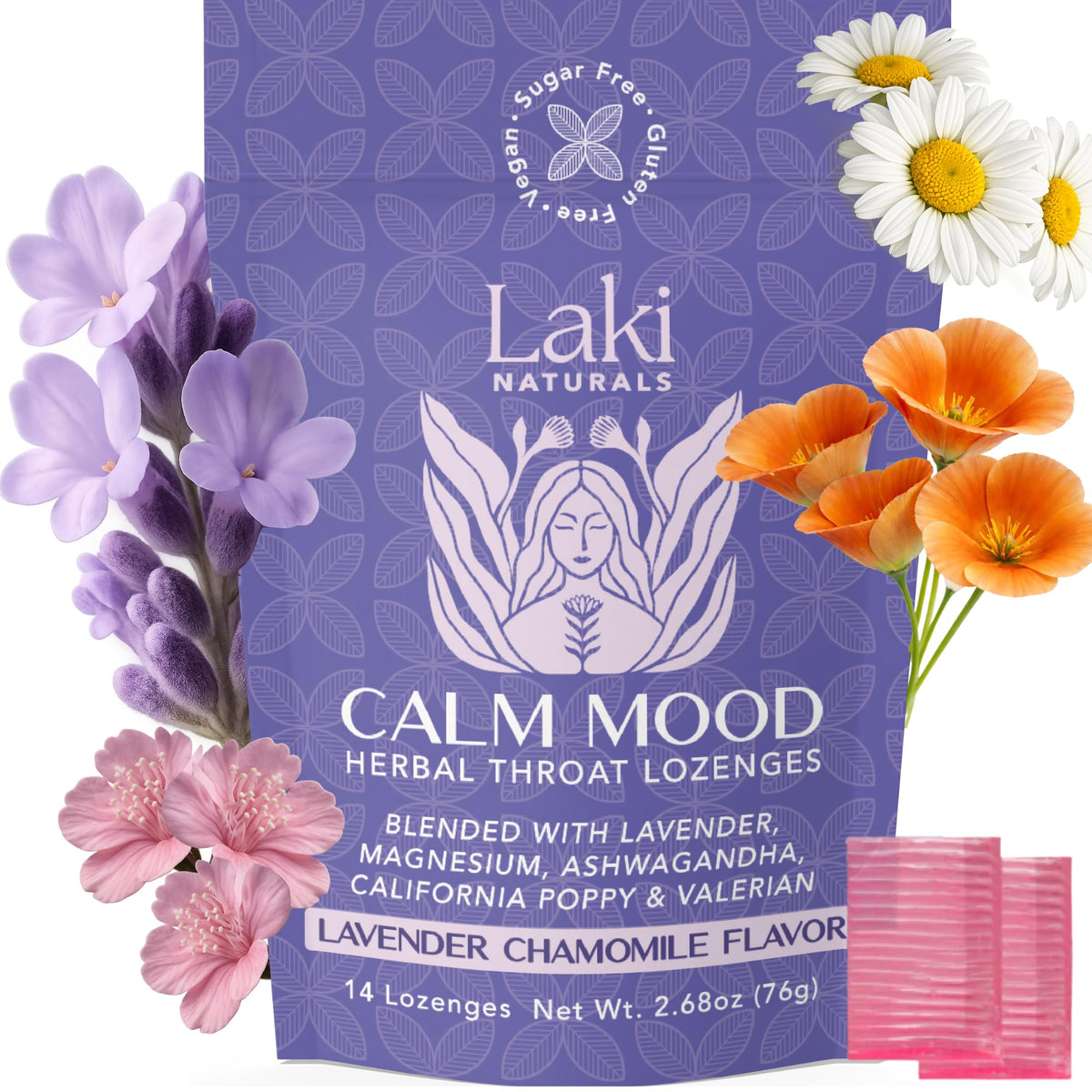 Laki Naturals lavender chamomile lozenge pack shows calming flavor and throat relief potential