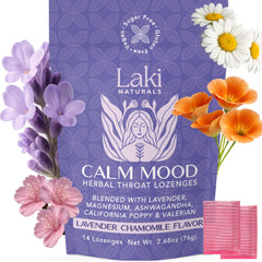 Laki Naturals lavender chamomile lozenge pack shows calming flavor and throat relief potential