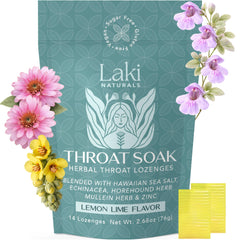 Close-up of Laki Naturals Throat Soak Lozenges pack front for vegan, sugar-free throat comfort.