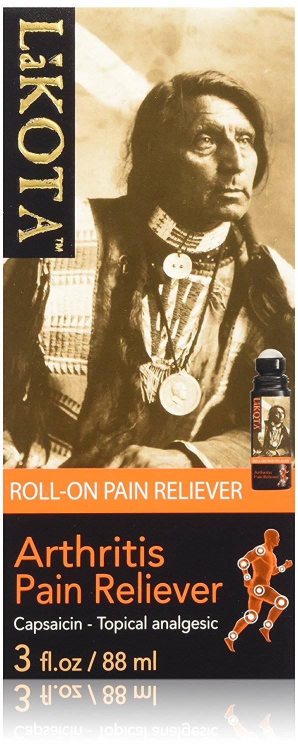 Lakota Roll On Arthritis Formula bottle pour showing portable, odorless relief for minor joint discomfort