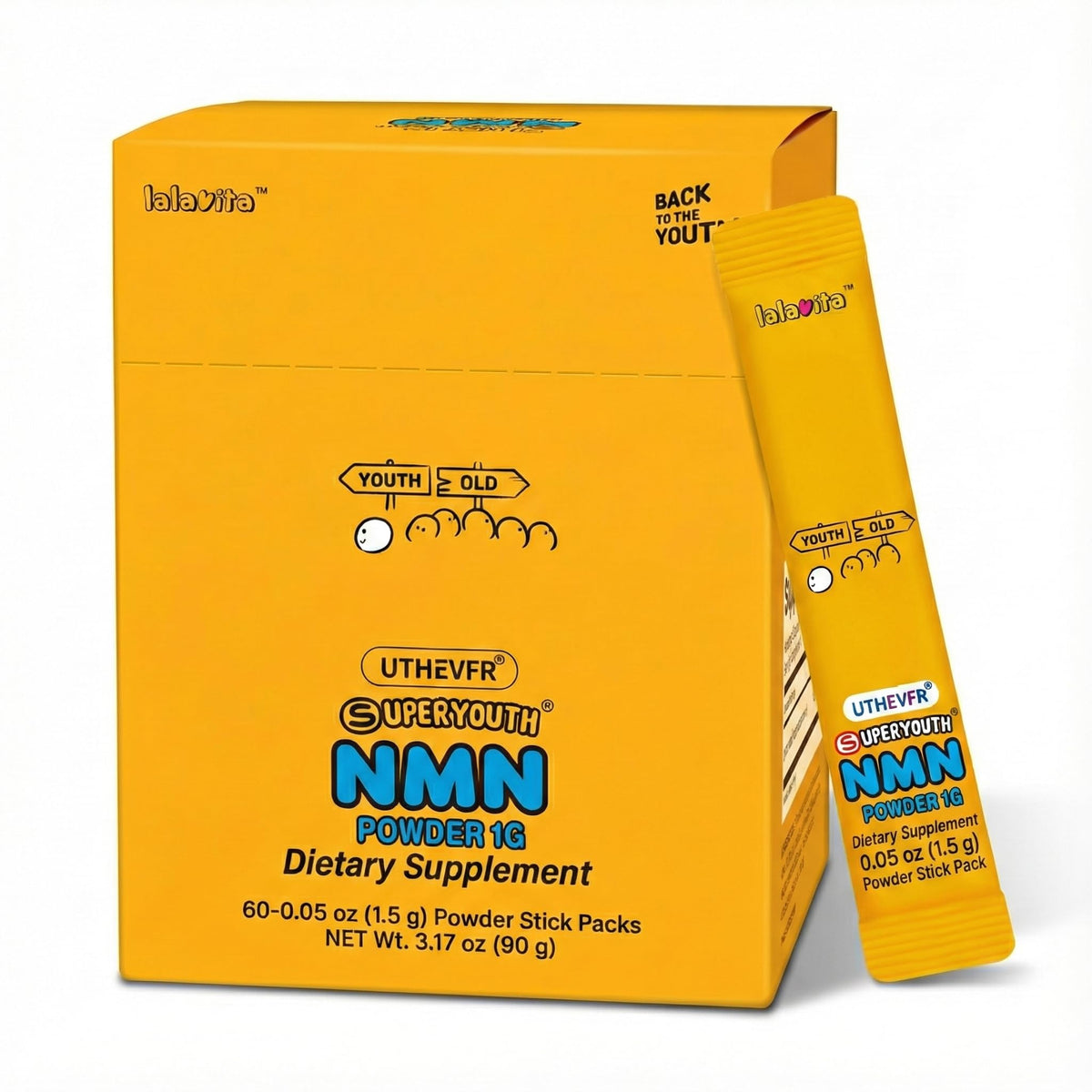 lalavita NMN stick pack lemon, convenient daily dose for on-the-go energy support.