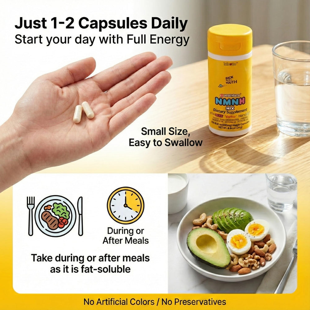 Lalavita SuperYouth NMNH meal-absorption tip with healthy fats.