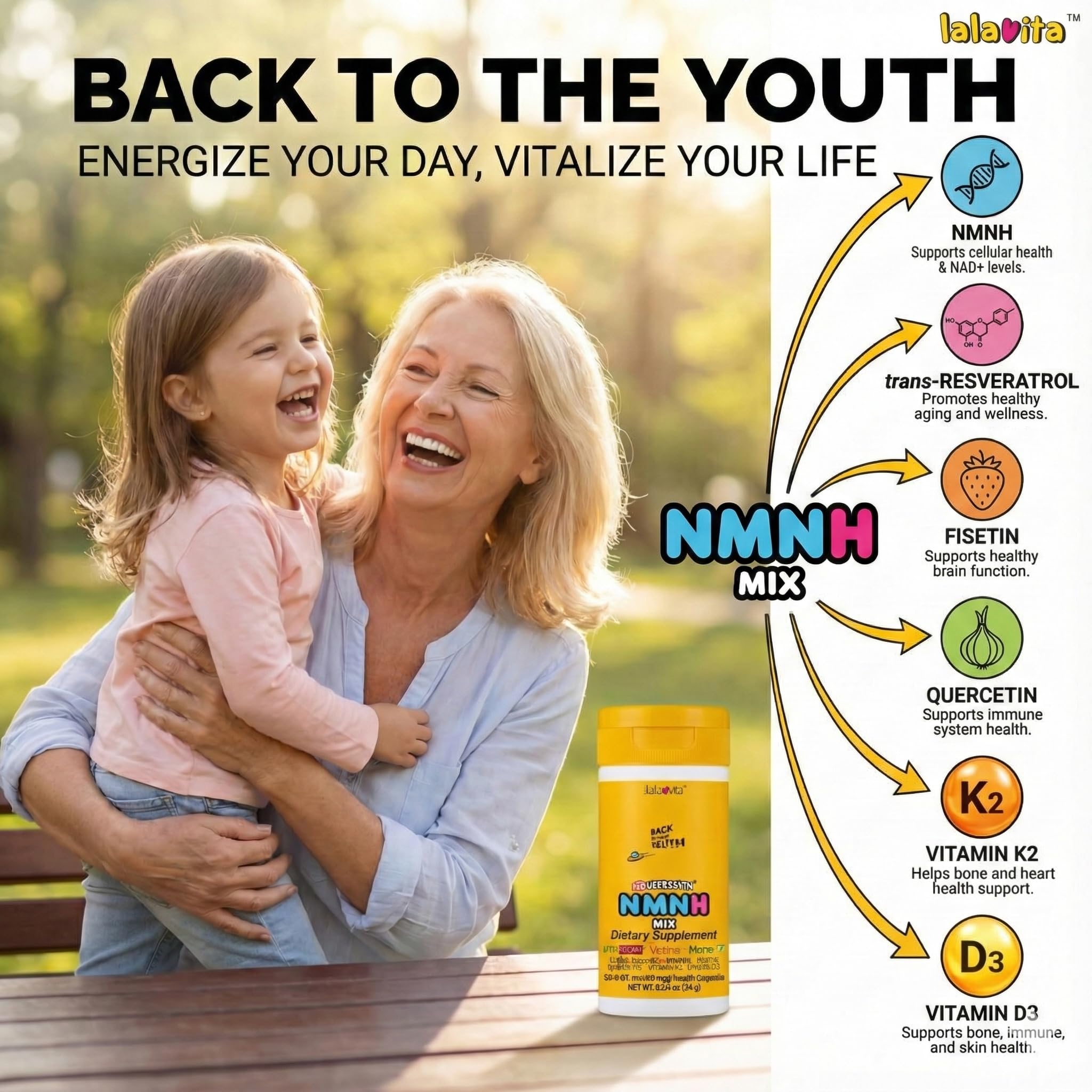 Lalavita SuperYouth NMNH packaging-label notes non-GMO and gluten-free.