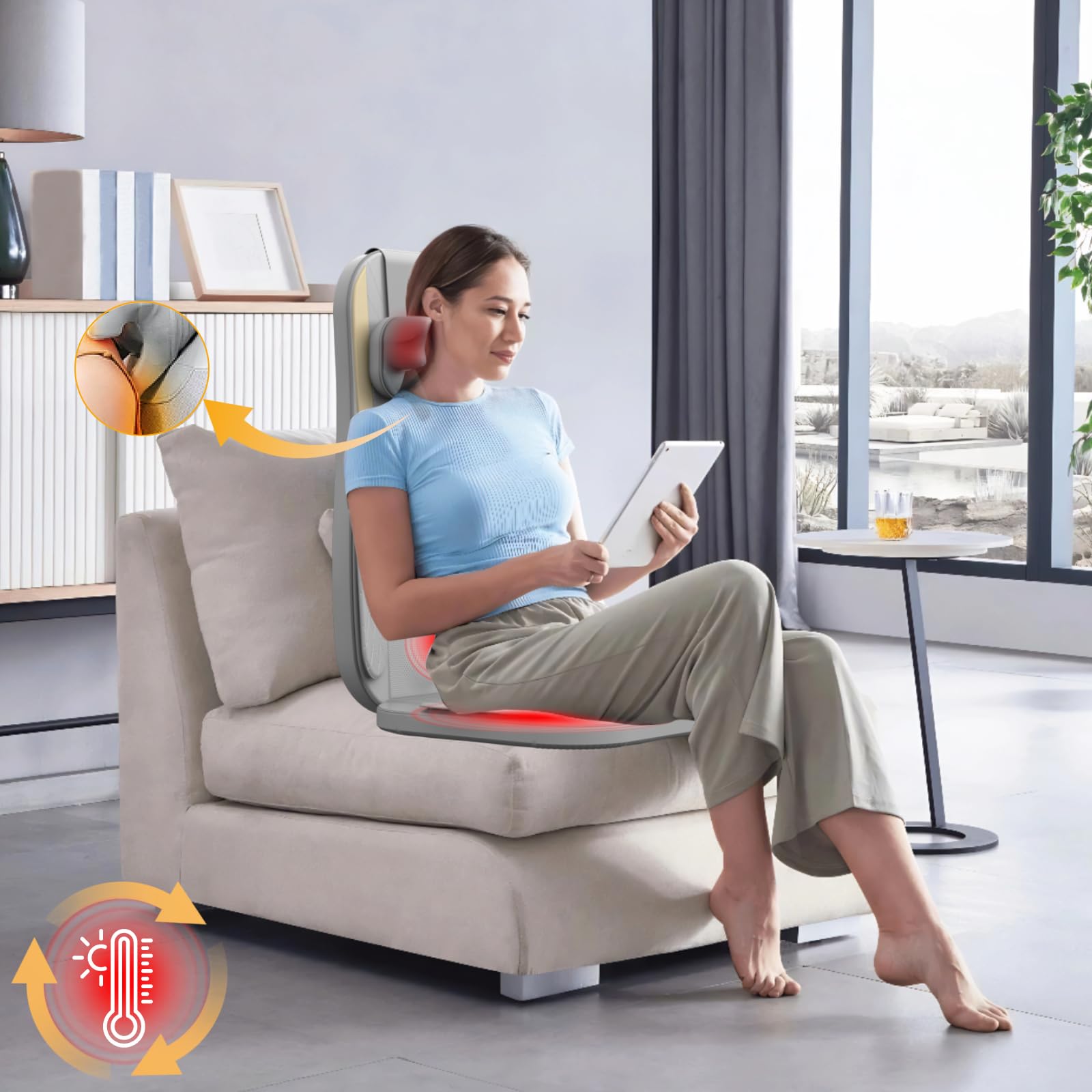 LAMATILOVE massage seat cushion with heat warms tired back muscles.