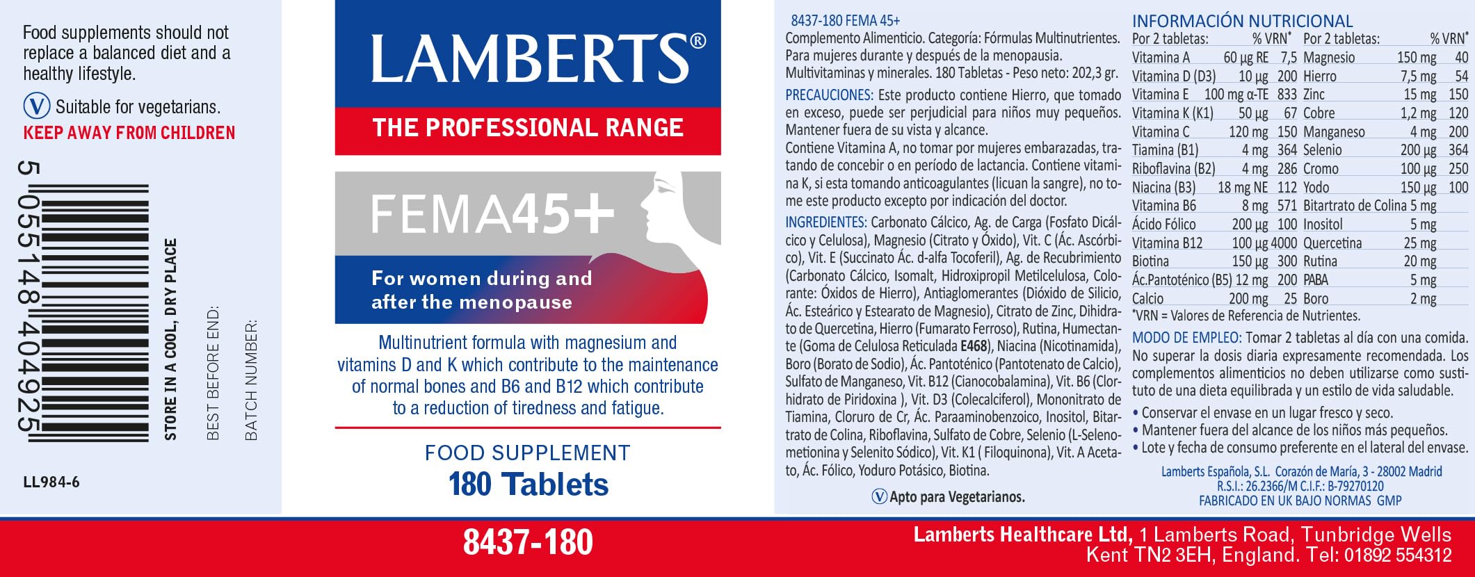 Lamberts FEMA45+ label closeup highlights the nutrient blend.
