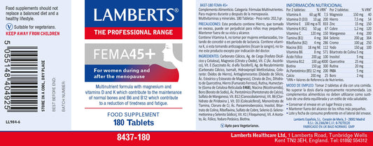 Lamberts FEMA45+ label closeup highlights the nutrient blend.