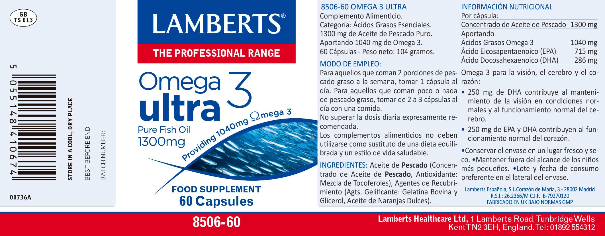 Lamberts Omega 3 Ultra capsules close-up showing EPA and DHA content