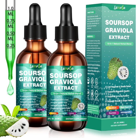 LAMFQA Soursop Bitters bottle displaying the 10-in-1 formula for daily wellness.
