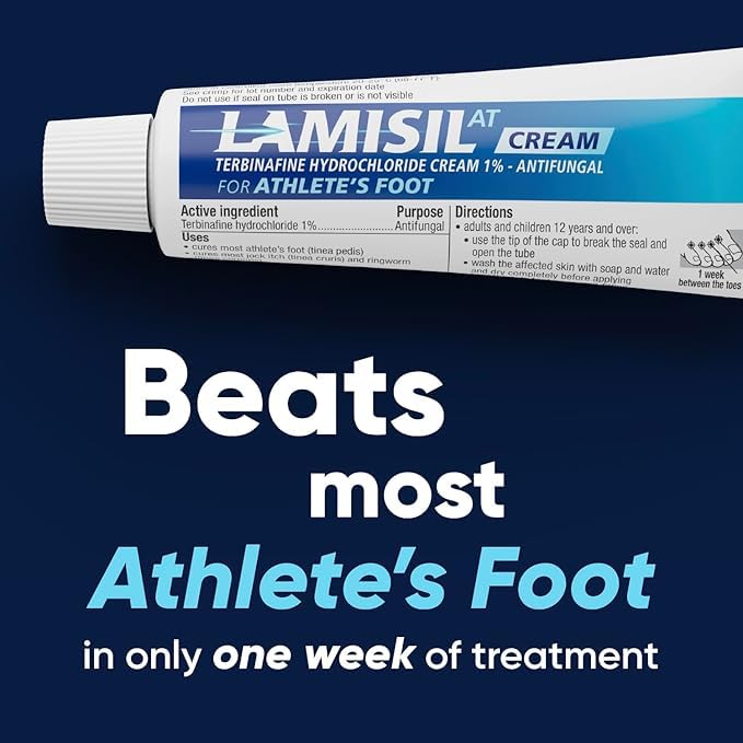 Lamisil Terbinafine 1% ingredient label emphasizing potent antifungal action.