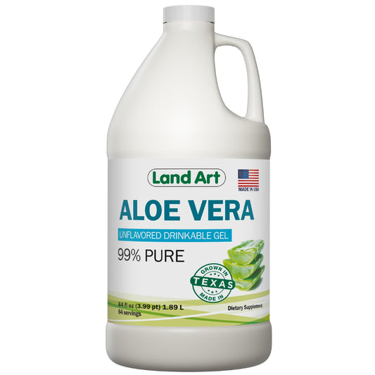 Land Art Aloe Gel bottle pour shows soothing, drinkable formula for gentle heartburn relief.
