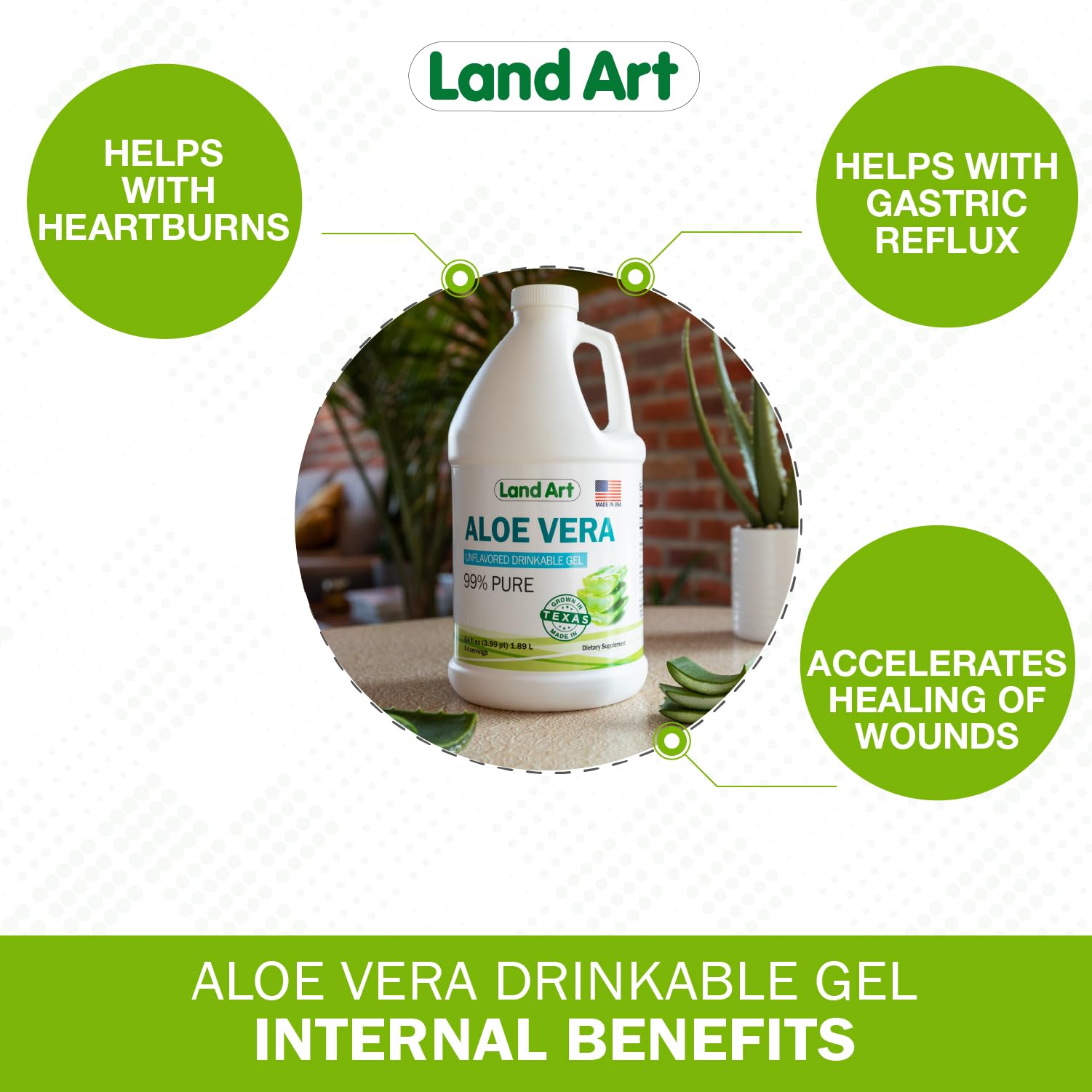 Land Art Aloe Vera Gel heartburn-relief pour suggesting upper digestive comfort.