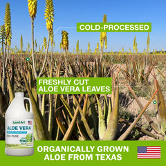 Land Art Organic Texas-grown Aloe Gel label emphasizes cold processing and freshness.