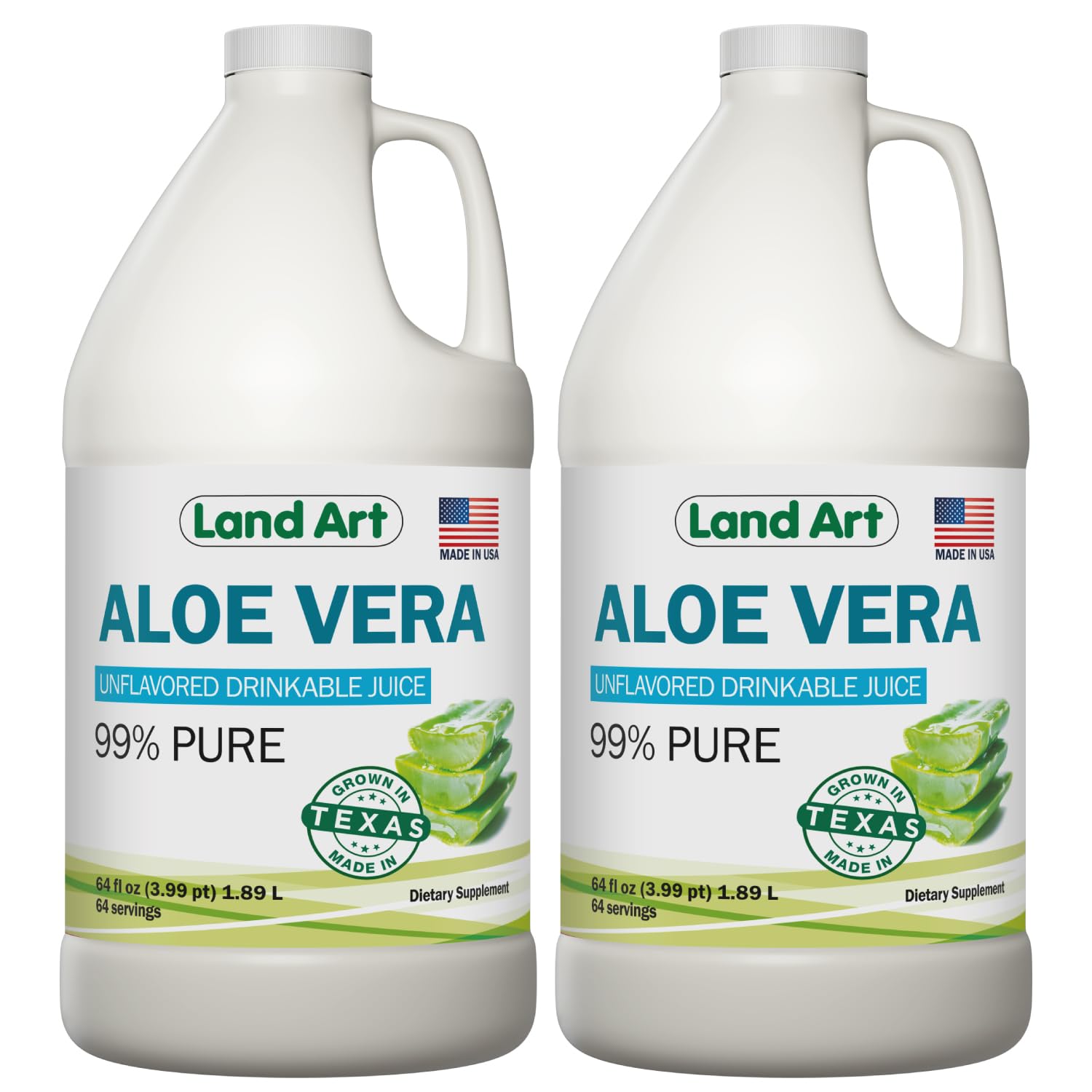 Land Art Pure Aloe Vera Juice bottle from Texas highlighting purity and origin.