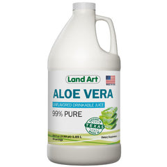 Land Art Pure Aloe Vera Juice bottle close-up, unflavored and 99.7% pure for daily wellness.