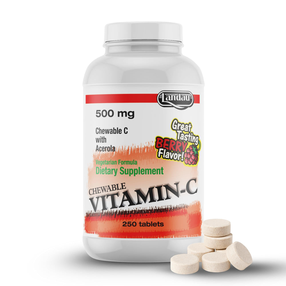 LANDAU berry-flavored chewable vitamin C bottle front, convenient daily source.