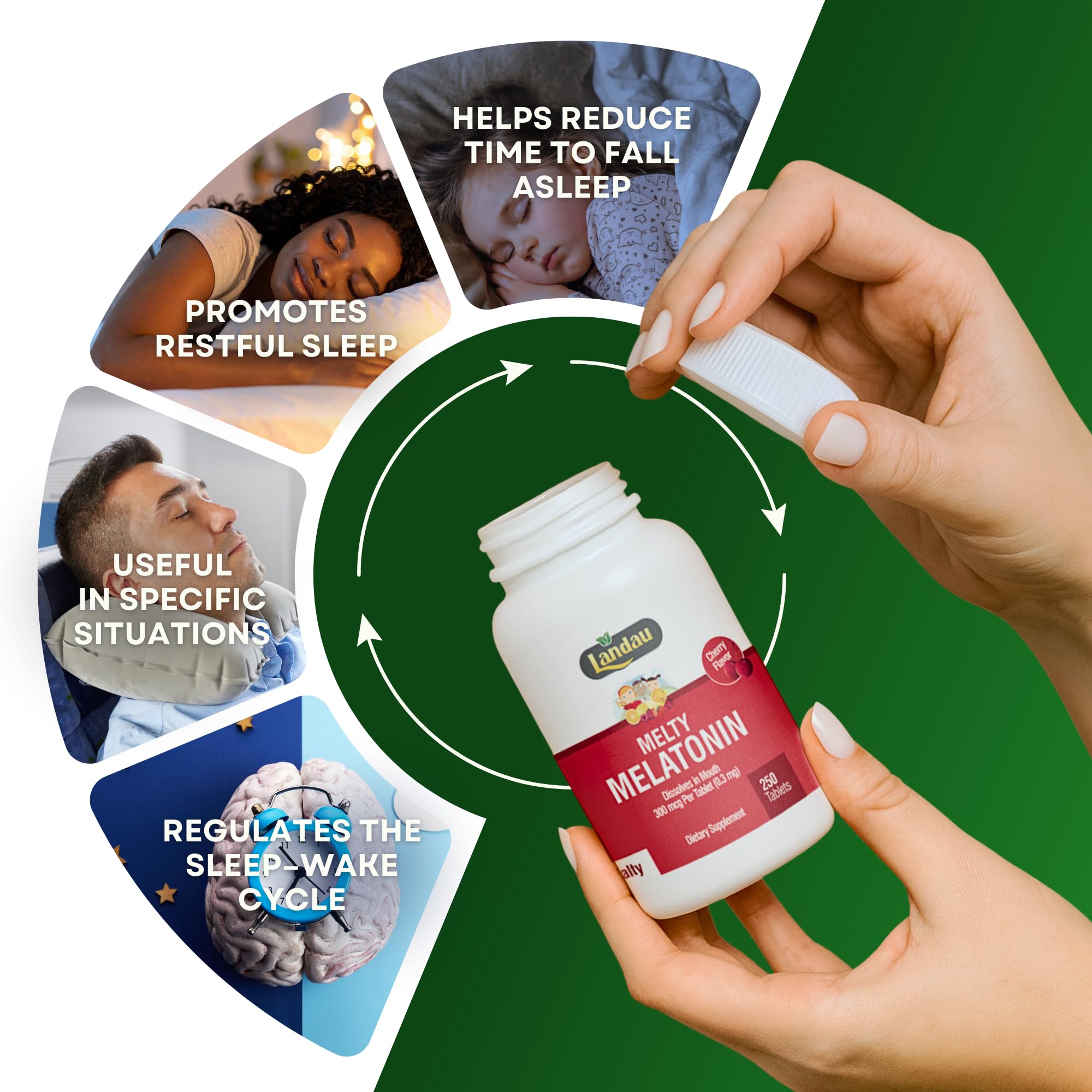 Landau Melty Melatonin 250 tablets bottle showcases value and long-lasting supply.