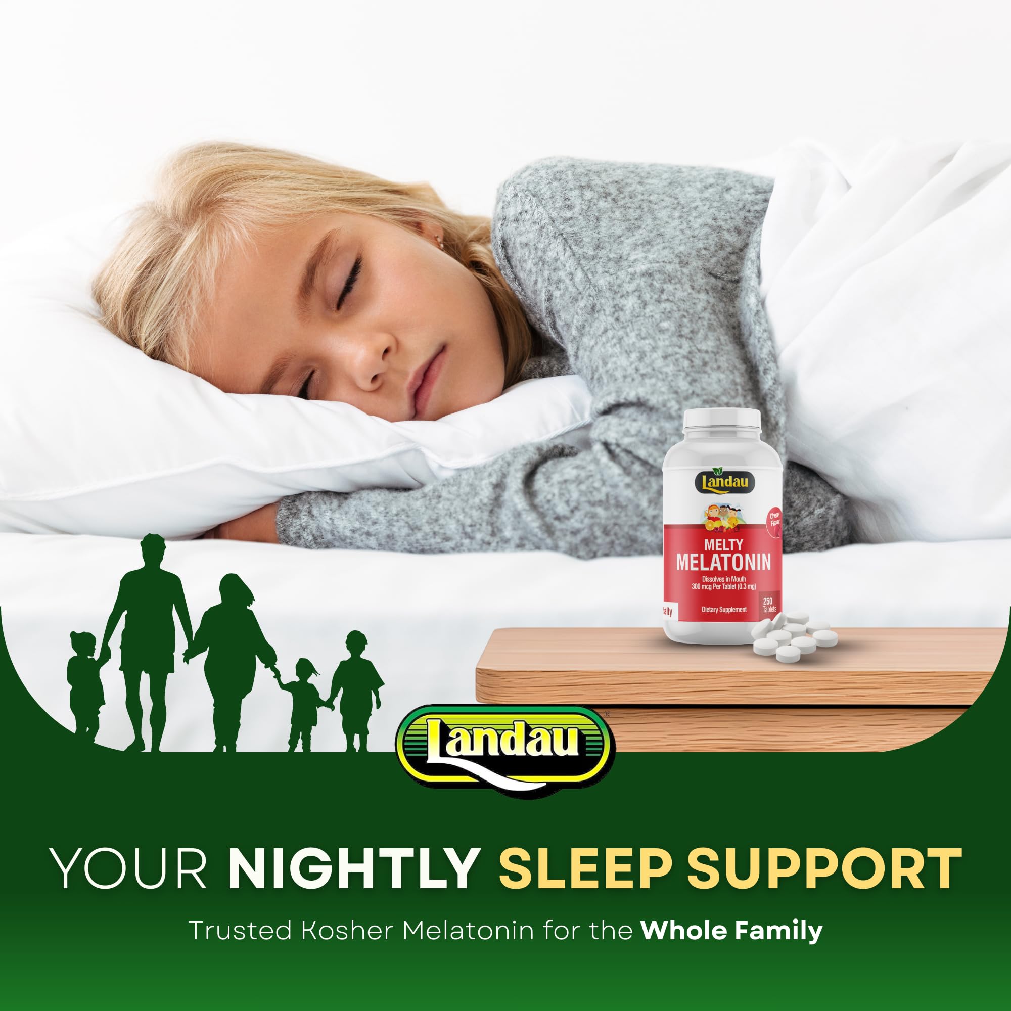 Landau Melty Melatonin cherry flavor bottle on shelf indicates pleasant bedtime ritual.
