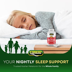Landau Melty Melatonin cherry flavor bottle on shelf indicates pleasant bedtime ritual.