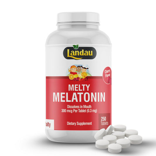 Landau Melty Melatonin cherry tablet closeup showing fast-dissolve texture for easy nightly use.