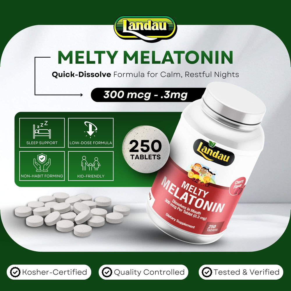 Landau Melty Melatonin fast-dissolve swatch demonstrates quick mouth dissolution before bed.
