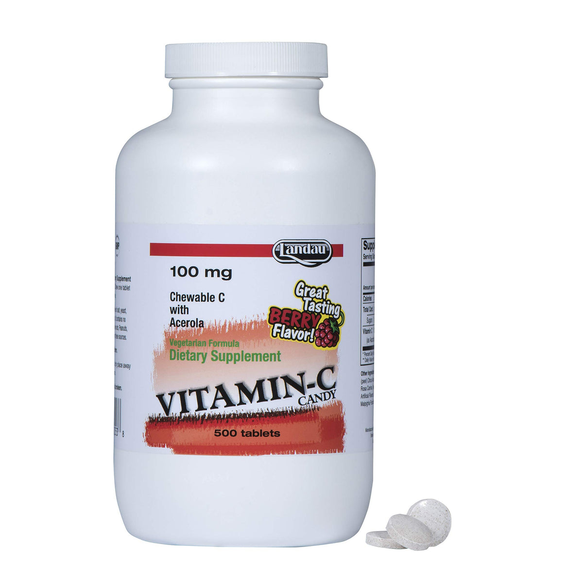 Landau Vitamin C chewables bottle front view showing a 500-count container for daily use